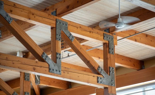 The Concord Christian Academy (previously the Centennial Senior Center) features cathedral ceilings and timber girder trusses.