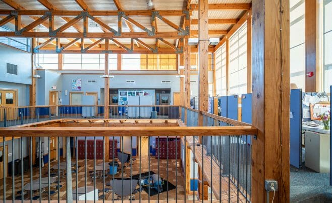 The Concord Christian Academy (previously the Centennial Senior Center) features cathedral ceilings and timber girder trusses.