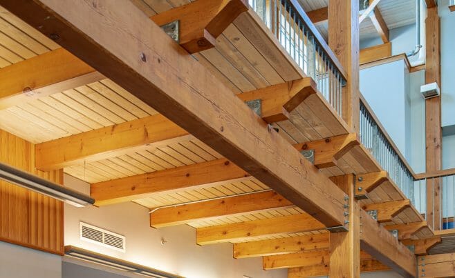 The Concord Christian Academy (previously the Centennial Senior Center) features cathedral ceilings and timber girder trusses.