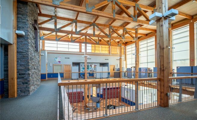 The Concord Christian Academy (previously the Centennial Senior Center) features cathedral ceilings and timber girder trusses.