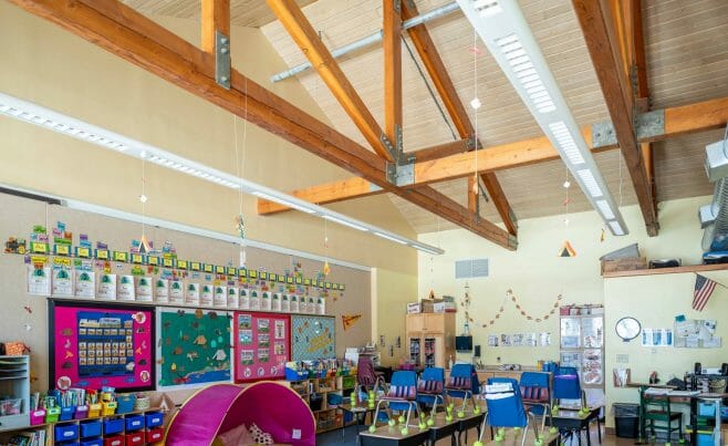 A classroom in the Centennial Senior Center that features Timber Trusses with steel plates