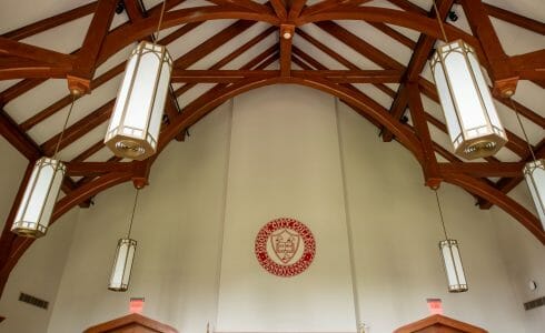 Timber Trusses and ceiling beams with a cathedral ceiling in a sanctuary in Grove City College, PA