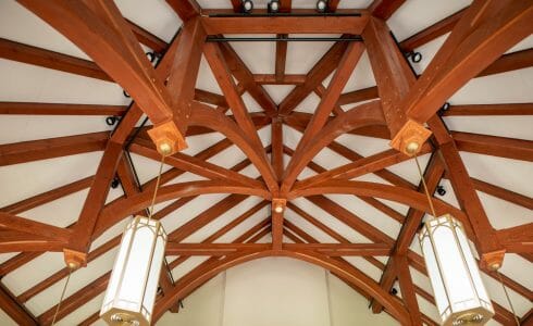 Timber Trusses and ceiling beams with a cathedral ceiling in a sanctuary in Grove City College, PA