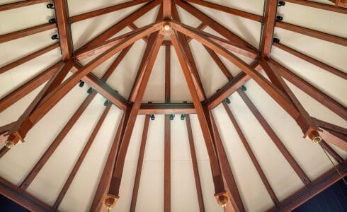 A round room with an octagon timber frame in the Grove City College, PA