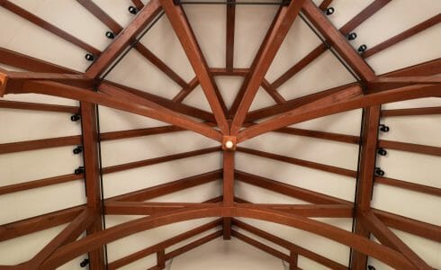 Timber Trusses and ceiling beams with a cathedral ceiling in a sanctuary in Grove City College, PA