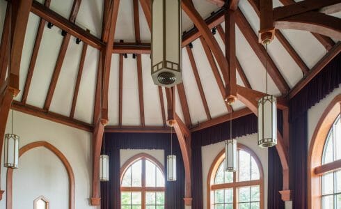 A round room with an octagon timber frame in the Grove City College, PA