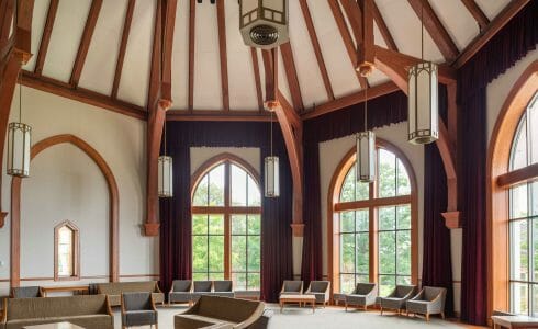 A round room with an octagon timber frame in the Grove City College, PA