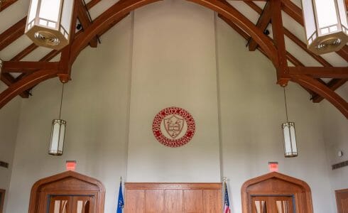 Timber Trusses and ceiling beams with a cathedral ceiling in a sanctuary in Grove City College, PA