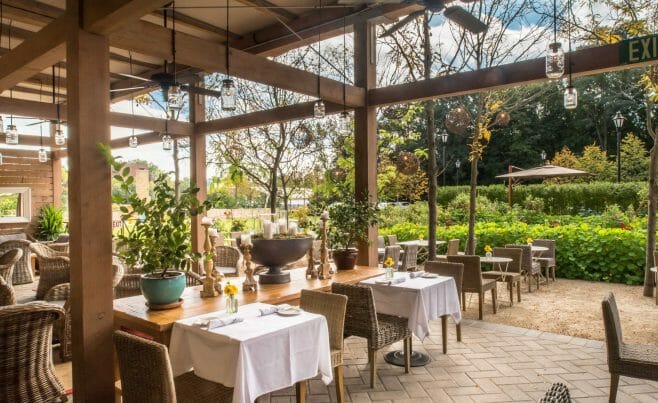 The Delamar Hotel Pergola Outdoor Dining and Seating Area in Hartford, CT