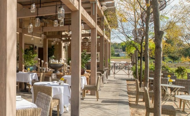 The Delamar Hotel Pergola Outdoor Dining and Seating Area in Hartford, CT