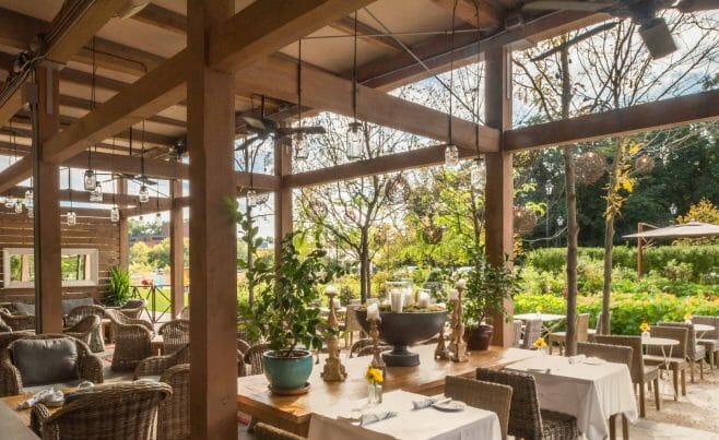 The Delamar Hotel Pergola Outdoor Dining and Seating Area in Hartford, CT