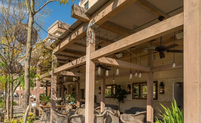 The Delamar Hotel Pergola Outdoor Dining and Seating Area in Hartford, CT