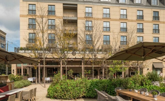 The Delamar Hotel Pergola Outdoor Dining and Seating Area in Hartford, CT