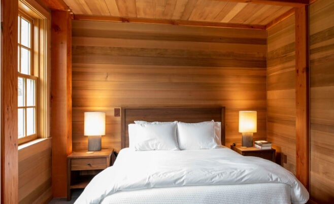 Interior of the Guest House on Martha's Vineyard Beach House that features Timber Posts and Beams, and Cedar cladding