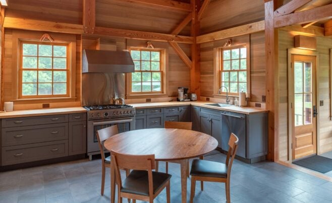 Interior of the Guest House on Martha's Vineyard Beach House that features Timber Posts and Beams, and Cedar cladding