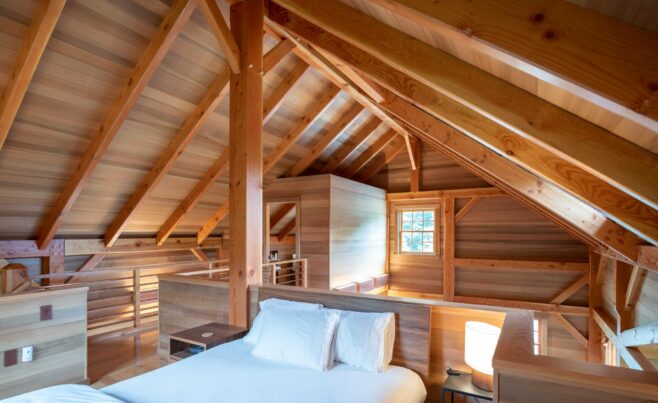 Interior of the Guest House on Martha's Vineyard Beach House that features Timber Posts and Beams, and Cedar cladding
