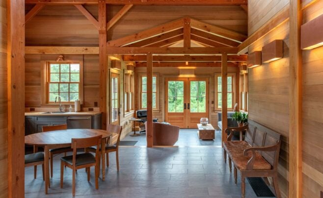 Interior of the Guest House on Martha's Vineyard Beach House that features Timber Posts and Beams, and Cedar cladding