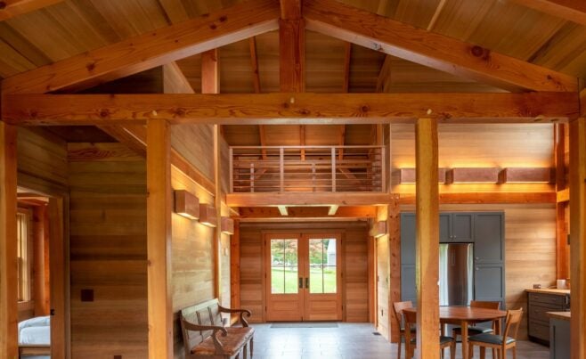 Interior of the Guest House on Martha's Vineyard Beach House that features Timber Posts and Beams, and Cedar cladding