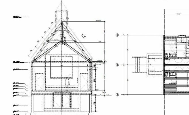 Plans for a private chapel that utilizes scissor trusses with a dramatic pitch