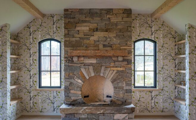 Interior of a home in New Hampshire with Hand Hewn Beams