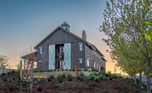 Exterior view of a timber framed barn in Napa, California