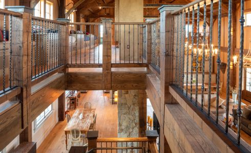 Stairway in an oak timber frame barn.