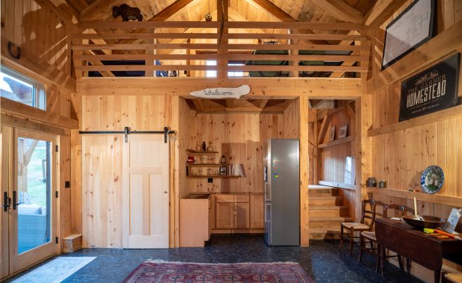 Post and Beam Guest Cottage Kitchen with French Door