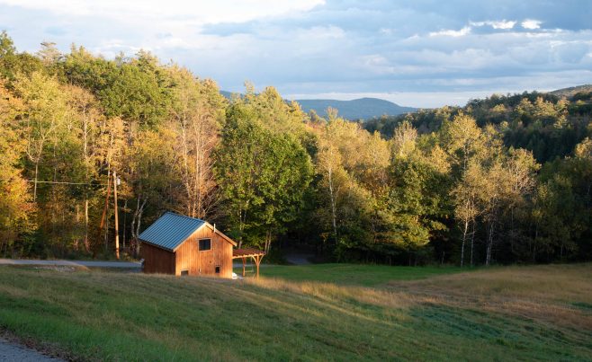Vermont guest cottage post and beam with a view