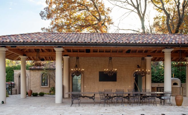 Timber frame pavilion with clay tile roof